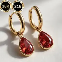CZダイヤ ガーネット風　フープピアス　316ステンレス　18kコート　2way