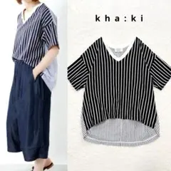 KHA:KI カーキ ストライプ バック切替 Vネックカットソーのサムネイル