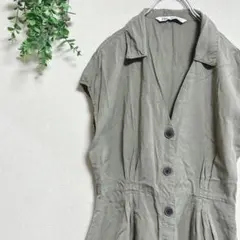ZARAオリーブグリーン シャツワンピース 半袖膝丈ボタンポケット襟Vネック
