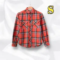 ジーユー フランネル長袖柄シャツ《S》メンズ 肘アテ付 オレンジ茶 厚手生地