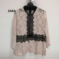 ZARA レースブラウス ７分袖 ピンクベージュ ブラック Mサイズのサムネイル