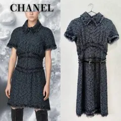 美品！CHANELツイード カメリアボタン ブラック系ひざ丈ワンピース