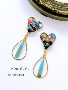 NO.2924 さざれ石とターコイズストーン ハート型ピアス