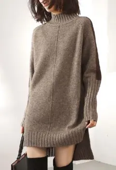 XL暖かカシミヤ90％★袖配色ハイネックニットチュニックワンピ♪モカ XL