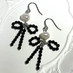 天然淡水パール&ブラックスピネル ピアス No.44