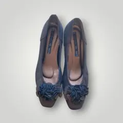 【美品】NINE DI SPORTS パンプス 黒茶 24.5 花 本革 日本製