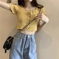 【新品未使用】 フロントリボンニットトップス カラシ色