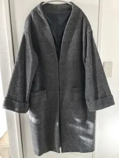 チェック柄 ロング丈 ノーカラーコート