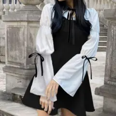 GRL 配色カラーリボンパフスリーブフレアミニワンピース [tg853]