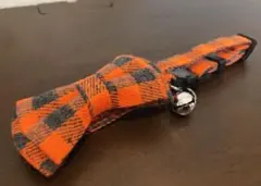 首輪　猫　リボン　チェック柄　オレンジ色