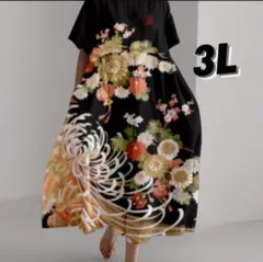 着物柄　和風　花柄　半袖ロングワンピース ３L
