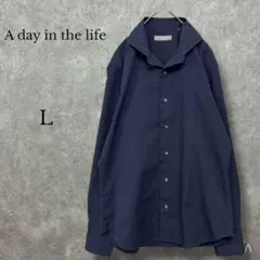 ✳︎アデイインザライフ【L】シアサッカー長袖シャツ ストレッチ 無地 ネイビー