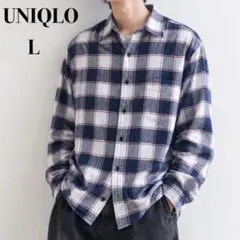 【美品】UNIQLO ユニクロ フランネルチェックシャツ L ネイビー 白のサムネイル