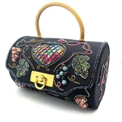VINTAGE ビーズ ハンドバッグ 手刺繍 ゴールドハンドル 葡萄 ハート 