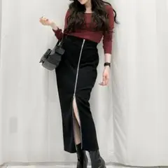 美品(S)フロントジップナローロングスカート/タイト/ストレッチ/ウエスト総ゴム