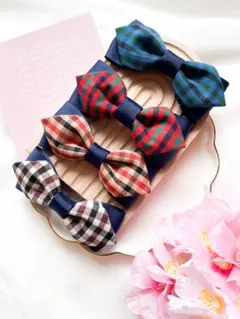 【選べる4色】チェック柄リボンアクセサリー　蝶ネクタイ　ヘアクリップ　ヘアゴム