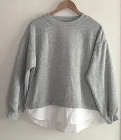 重ね着風　切替　ゆったり　長袖　カットソー　トレーナー 裏起毛　薄グレー　M