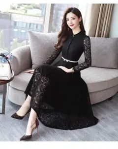 【L】結婚式ドレス レディース 総レースワンピース パーティー 長袖 裏地