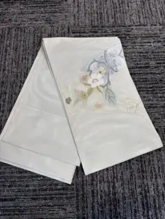 【美品】夏帯 袋帯 正絹 絽 紗 パステル花柄 淡い水色 銀糸