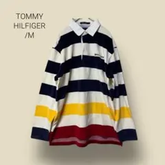 2254 【TOMMY HILFIGER】　ラガーシャツ　ボーダー　ベロア　M
