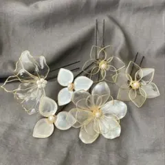 アメリカンフラワー髪飾り【No.28】パール＆クリア6点 ブライダル 成人式