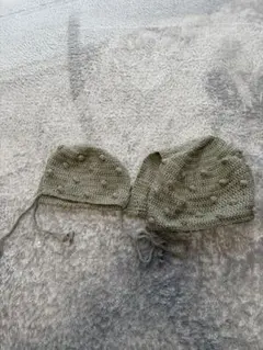 ハンドメイド オリーブグリーン ボンネットニット帽子