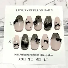 韓国ガーリー ブラックリボン ハート フレンチ ネイルチップ 量産型 ワンホン