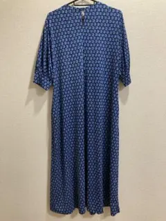 DoCLLASSE青色幾何学模様 半袖ロングワンピース L 旅行にピッタリ