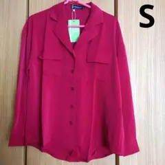 ブラウス 開襟シャツ レディース 襟付きワインレッド S 長袖 オフィス