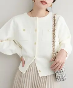 natural couture ポリニット金釦ポケ付きカーディガン　オフホワイト