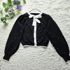 ビジューで高見え★【グレイル】【M】リボンタイビジューニットトップス 黒 伸縮性