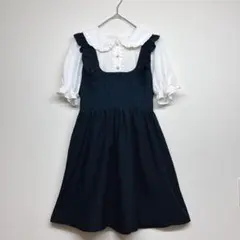 フリル襟　レース付きワンピース　量産型　半袖　ガーリー　ウエスト切り替え　S