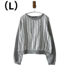 0931 レディース長袖トップスLサイズグレーストライプ異素材切替シンプル