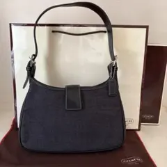 COACH インディゴ ウールキャンバス 黒レザーハンドバッグ 美品