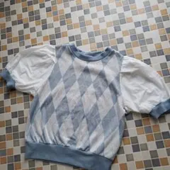 水色と白のアーガイル模様半袖ニット　カットソー　水色　くすみカラー　M