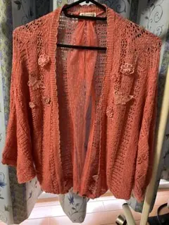 axes femme オレンジ レース編み カーディガン