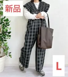 シャーリングサロペット　オールインワン　新品　L しまむら　チェック柄　黒