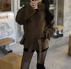 ブラウン ダブルボタン コート ベルト付き