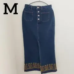 大特価❕ハイウエスト 刺繍 デニム ミモレ スカート スリット Mのサムネイル