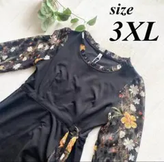 3XL 大きいサイズ ワンピース ドレス 異素材ワンピース 花柄 結婚式 シック