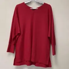y*1様 レディース　リブ編みVネック長袖トップス　赤　L 薄手