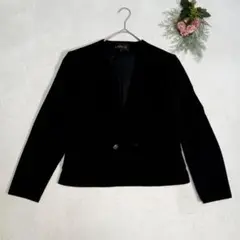 【ラピーヌ】ブラック ノーカラージャケット 肩パット　上品　11号　シンプル