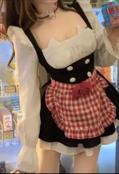新品人気メイド服 コスプレ ロリータ エプロン チェック柄 セクシー ２点セット