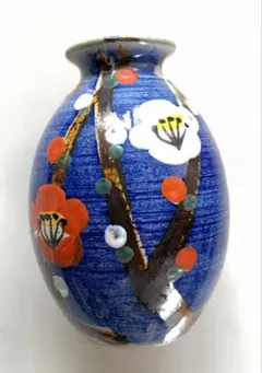 【未使用デッドストック】昭和レトロ 清水焼 手描き紅白梅文 ミニ花瓶 一輪挿し