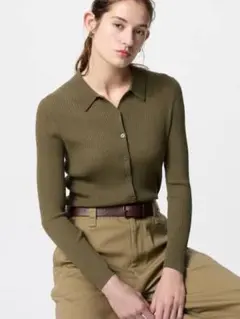 ユニクロ リブポロカーディガン オリーブ L