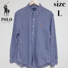 【美品】ラルフローレン ギンガムチェックシャツ L スリムフィット 青 白