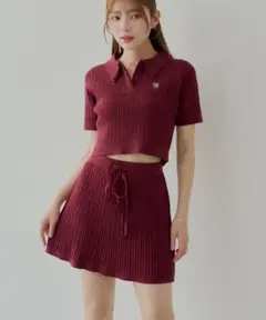 chico ペチパンツ付き！　ウエスト紐付ケーブルミニスカート　チコ　レッド系
