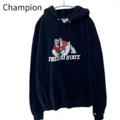 Champion　パーカー　プリント　カレッジ　フード　紺 ネイビー L　古着のサムネイル