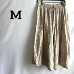 ガウチョワイドパンツレース風ベージュMズボンゆったり綿100%かわいいシンプル
