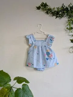 【状態良好】水色花柄フリル袖ワンピース9-12M B-51